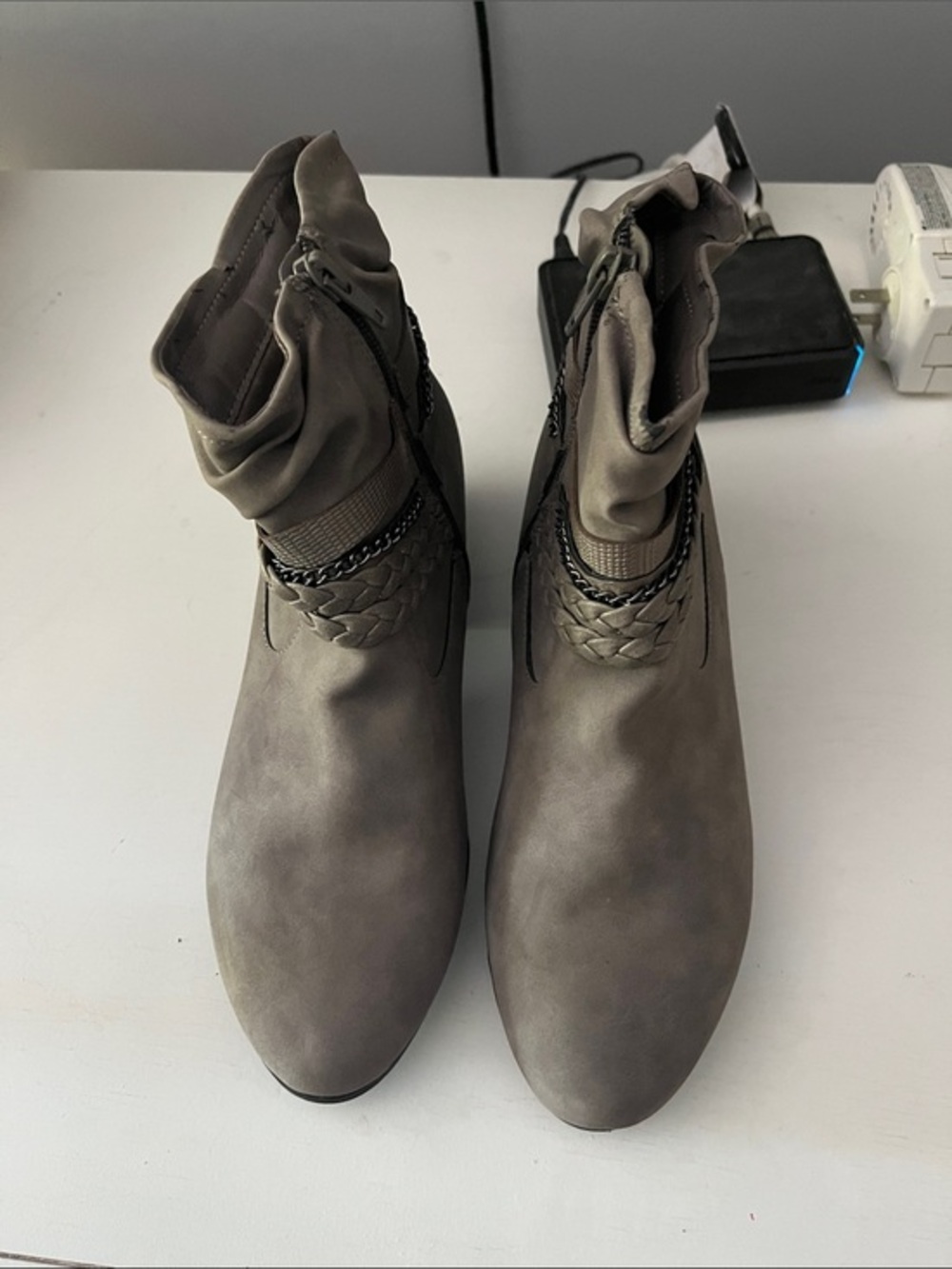 Women's Taupe Ankle Boots with Braided Trim